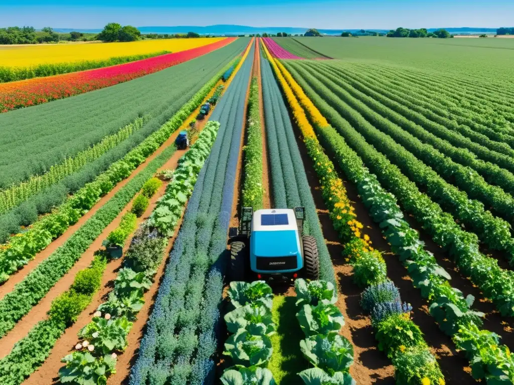 Un campo orgánico exuberante y vibrante, con cultivos coloridos y flores silvestres, bañado por la luz del sol