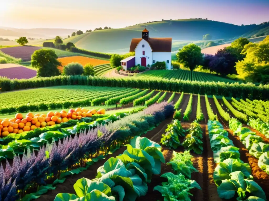 Un campo orgánico exuberante y vibrante con filas de frutas y verduras, bañado por el cálido sol