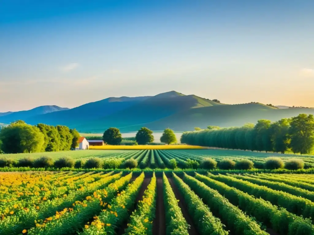 Un campo orgánico exuberante y vibrante con cultivos ordenados bajo un cielo azul