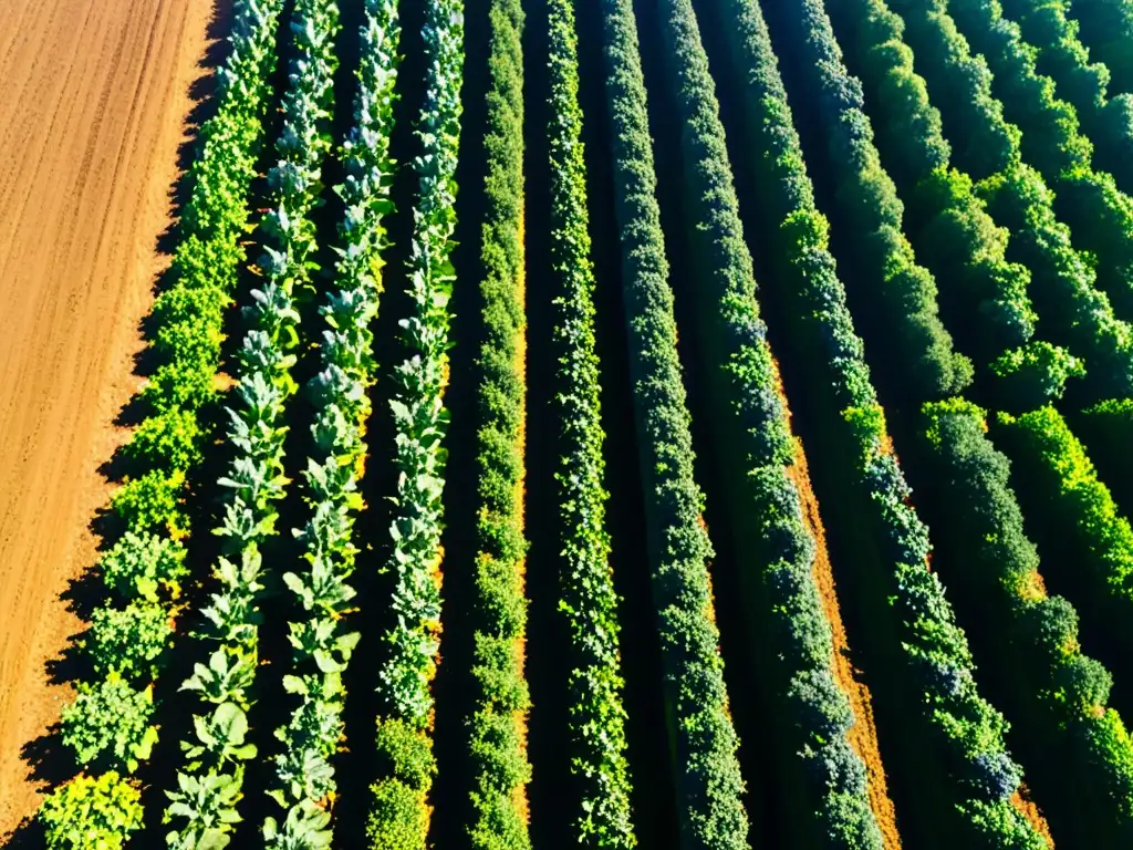 Campo orgánico exuberante y vibrante, técnicas orgánicas conservación suelo salud, plantas prósperas bajo cielo azul