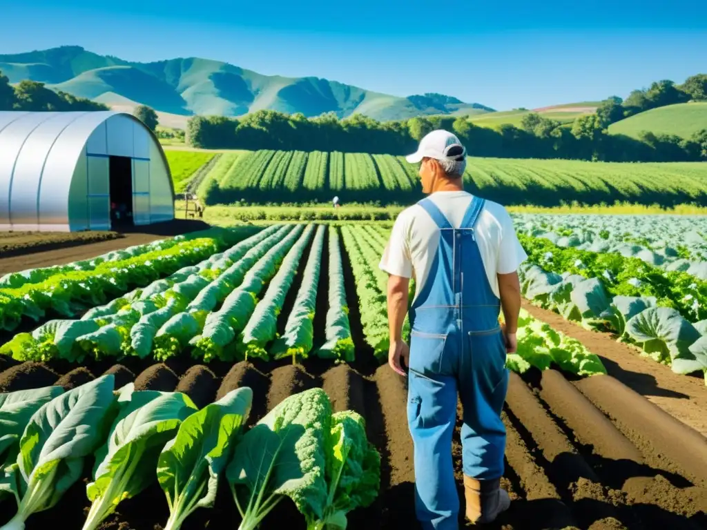 Un campo orgánico exuberante y vibrante con hileras de verduras y hortalizas rodeado de colinas y un cielo azul