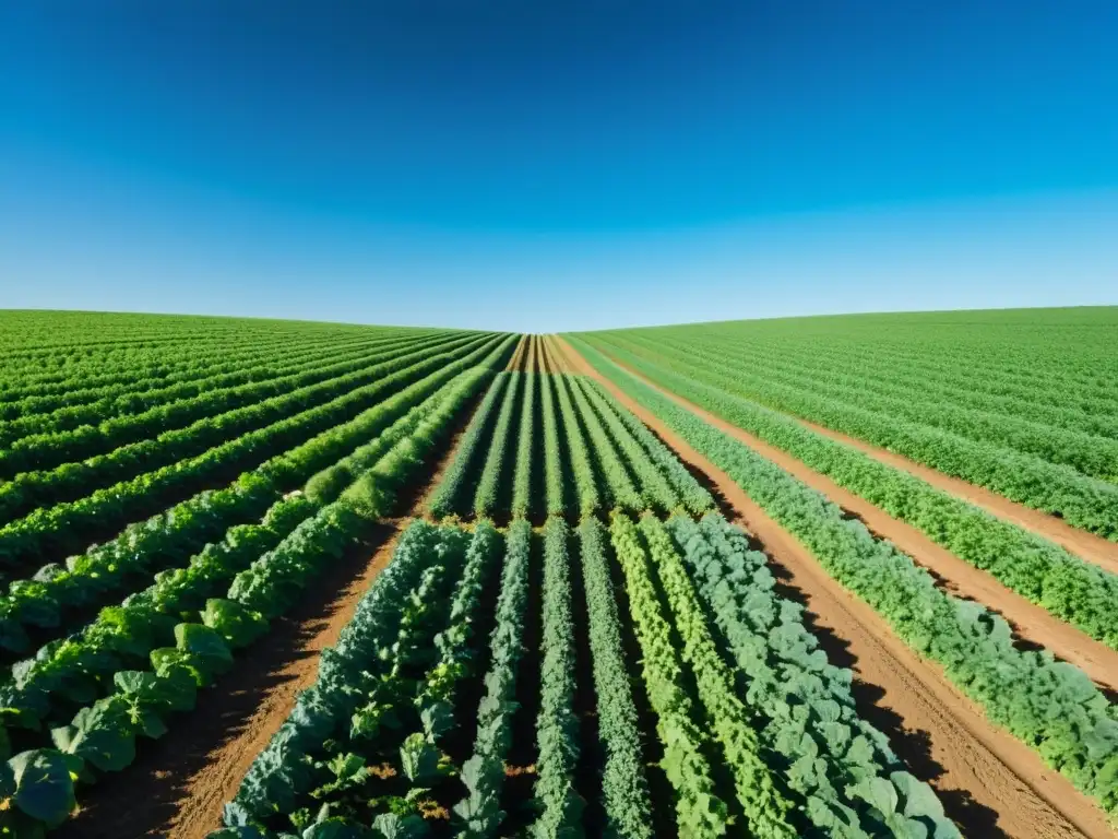 Un campo orgánico exuberante y vibrante bajo el cielo azul, reflejando una agricultura sostenible y la financiación de mercados de carbono