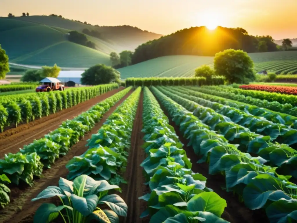 Un campo orgánico exuberante y vibrante con cultivos diversos bajo el cálido sol