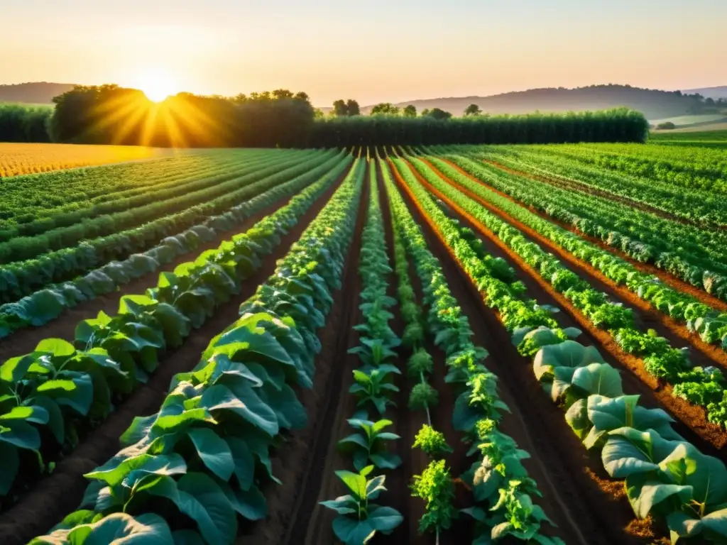 Un campo orgánico exuberante y vibrante con cultivos diversos bajo la cálida luz del atardecer