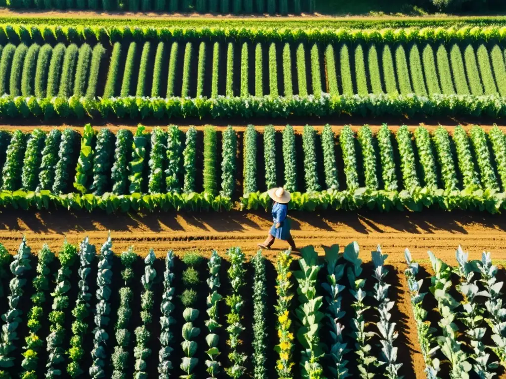 Un campo orgánico exuberante y vibrante con cultivos verdes bajo el sol