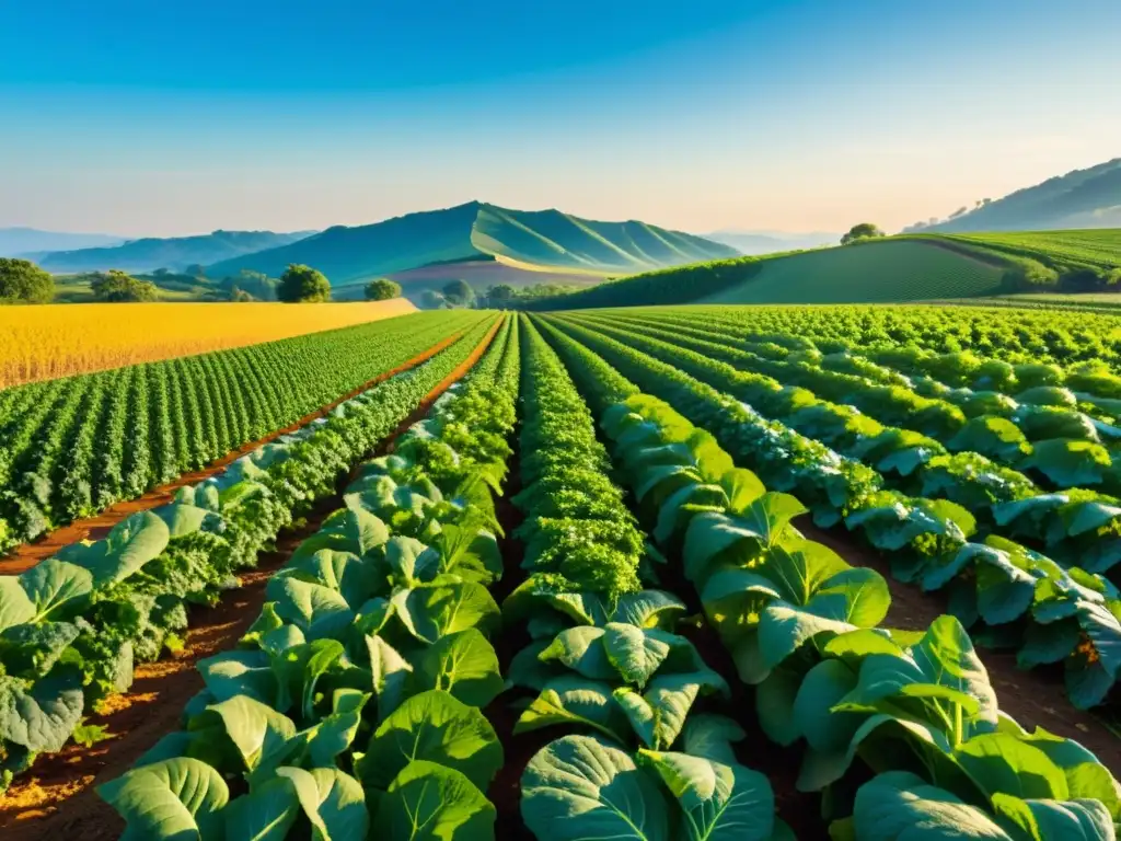 Campo orgánico exuberante y vibrante bajo cielo azul claro, con sol dorado