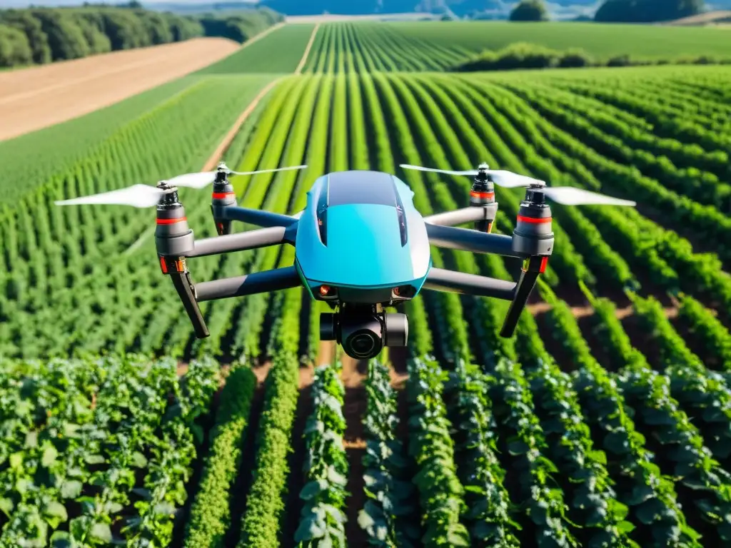 Un campo orgánico exuberante y vibrante con un dron de alta tecnología monitoreando cultivos