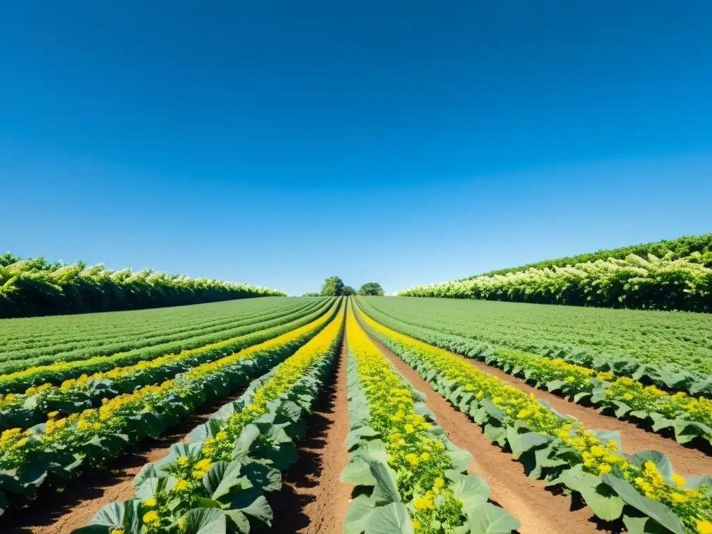 Un campo orgánico exuberante y vibrante con cultivos verdes, flores delicadas y vida silvestre