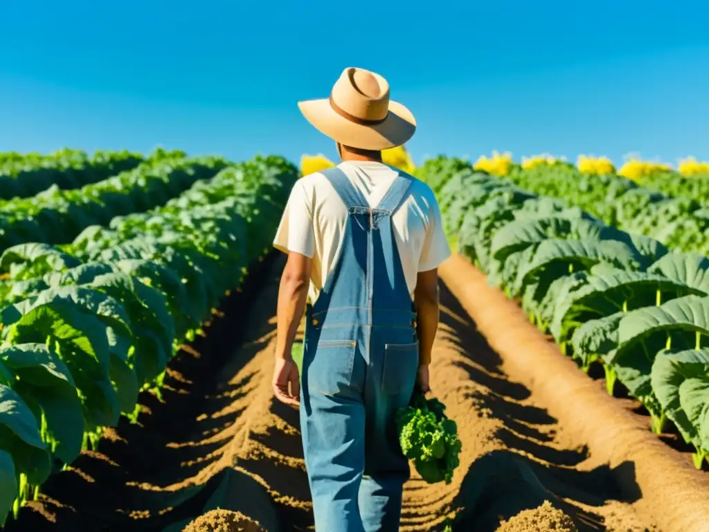 Un campo orgánico exuberante y vibrante, con cultivos coloridos bajo el sol