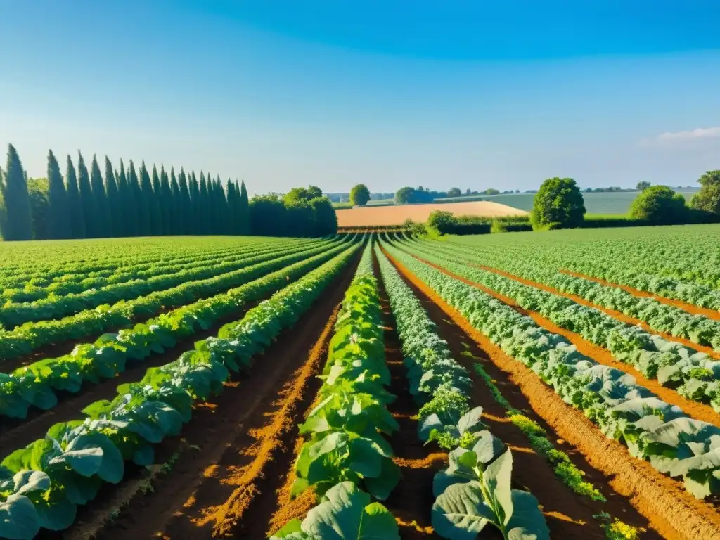 Un campo orgánico exuberante y vibrante con cultivos en hileras bajo un cielo azul