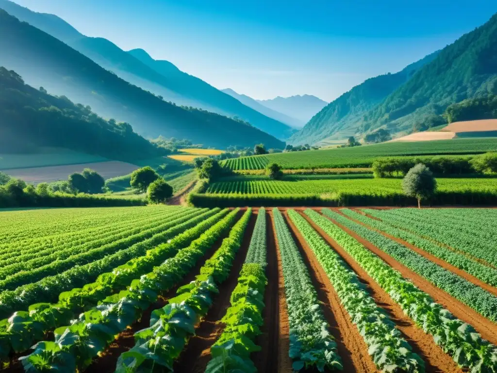 Un campo orgánico exuberante y vibrante con cultivos ordenados, bordeado por un bosque y un cielo azul claro