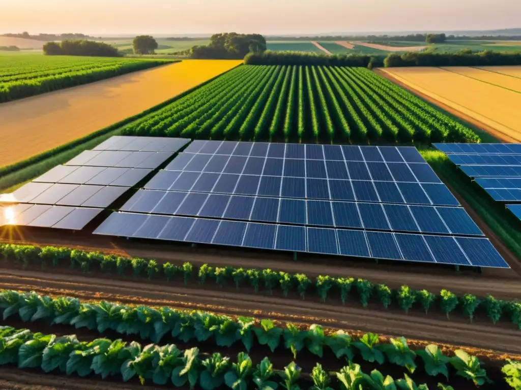 Un campo orgánico exuberante y vibrante con cultivos en filas, bañado por el sol