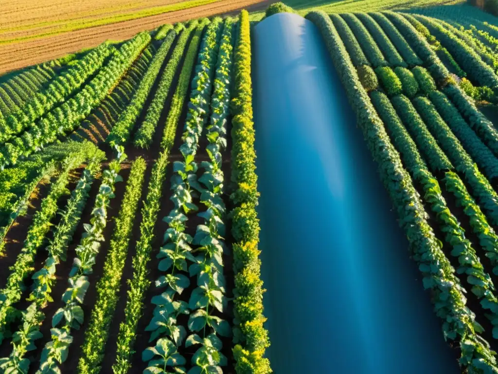 Un campo orgánico exuberante y vibrante bañado por el cálido sol, muestra el impacto ambiental en las cadenas de suministro de alimentos orgánicos