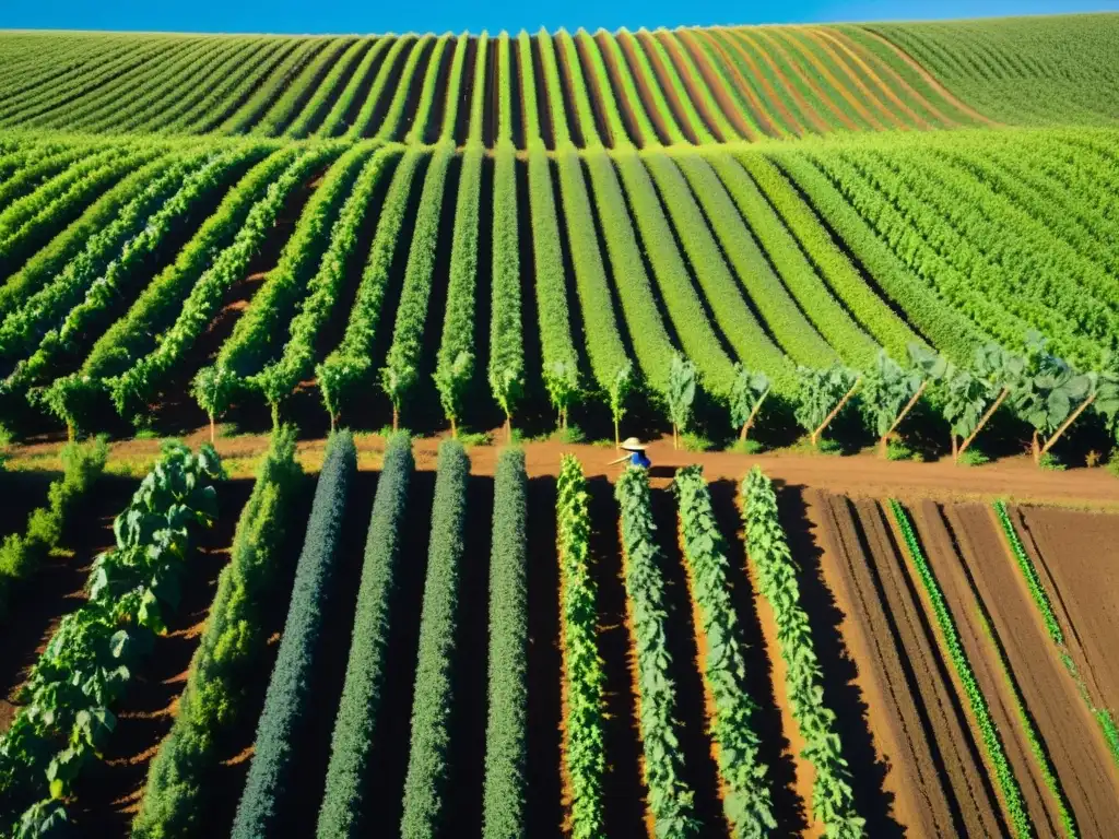 Un campo orgánico exuberante y vibrante, con hileras ordenadas de cultivos bajo el cielo azul