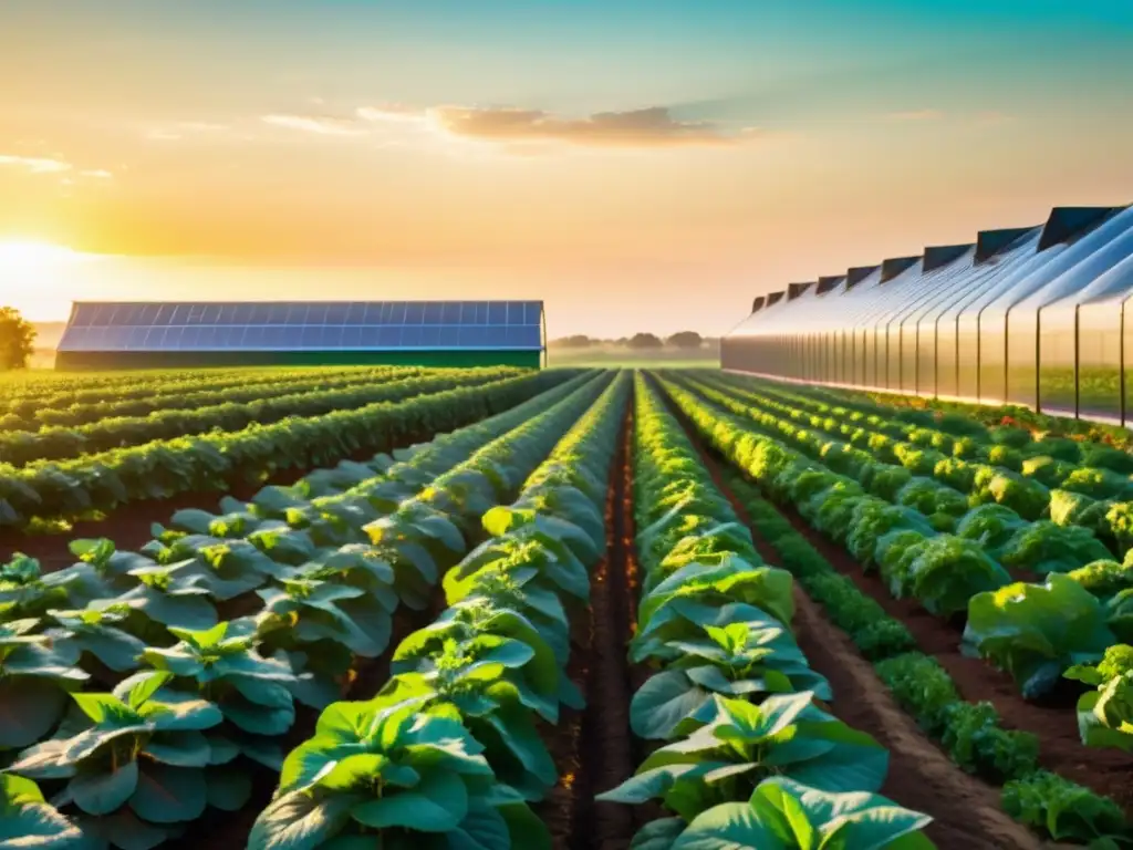 Un campo orgánico lleno de vida y color, con hileras de vegetales y frutas bañadas por la cálida luz del sol