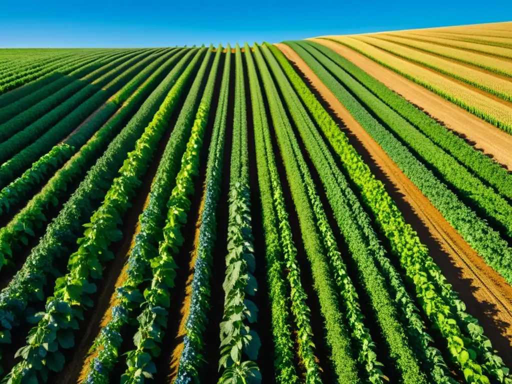 Campo orgánico lleno de vida bajo el sol, muestra la transición a la agricultura orgánica sostenible en un mar de cultivos verdes