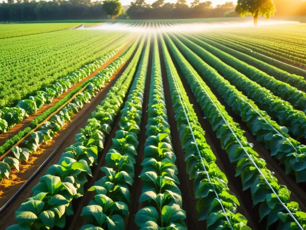 Campo orgánico con métodos de riego sostenible en acción, resaltando la armonía entre naturaleza y tecnología en la agricultura orgánica