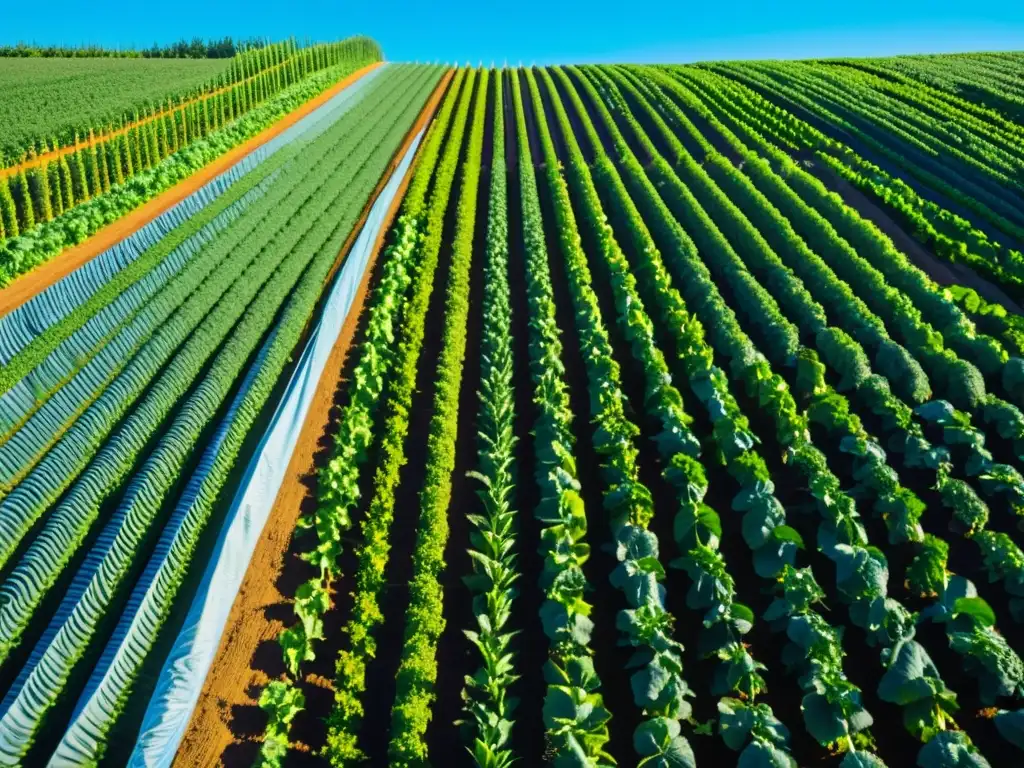 Un campo orgánico moderno con cultivos vibrantes y avanzados tecnológicos en agricultura orgánica