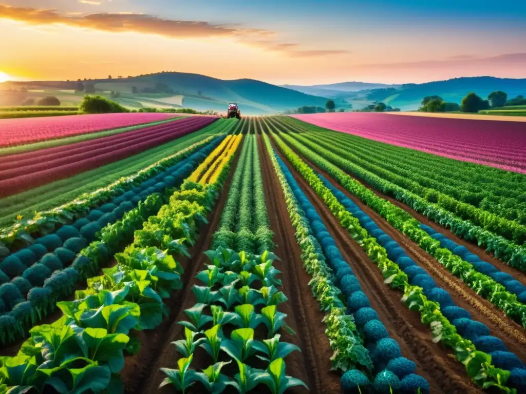 Un campo orgánico próspero bañado por la cálida luz del atardecer