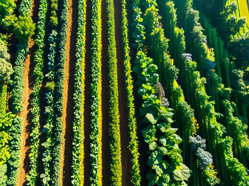 Un campo orgánico próspero, con vegetación exuberante y biodiversidad