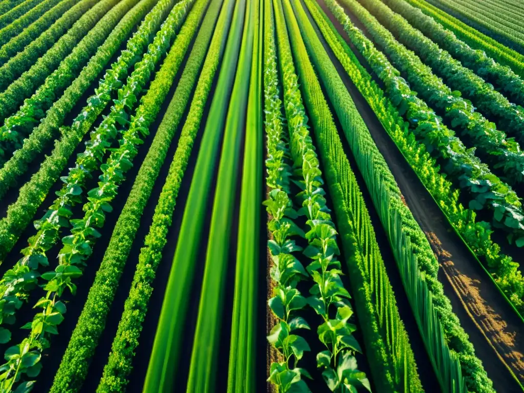 Un campo orgánico próspero con filas de cultivos verdes y vibrantes bajo el sol