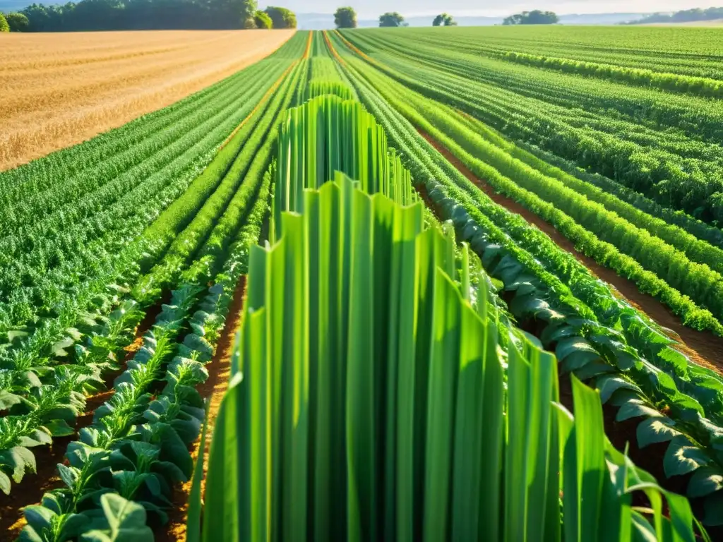 Un campo orgánico radiante y detallado, con cultivos verdes que se extienden hacia el horizonte