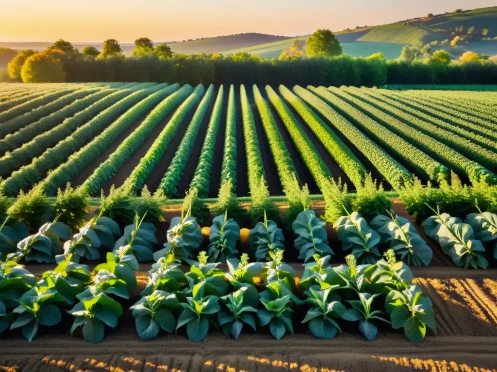 Un campo orgánico rebosante de frutas y verduras coloridas, bañado por una cálida luz dorada