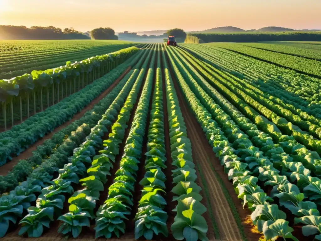 Un campo orgánico rebosante de verduras bajo el sol dorado, con máquinas de cosecha robóticas