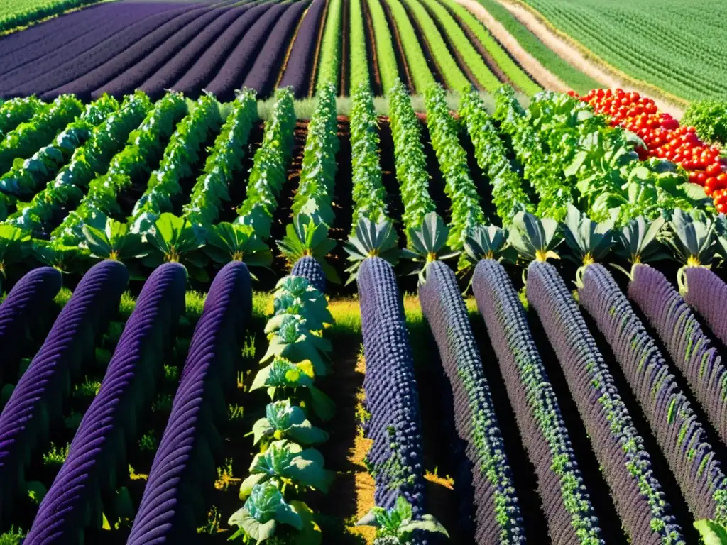 Campo orgánico repleto de frutas y verduras vibrantes bajo el cielo azul