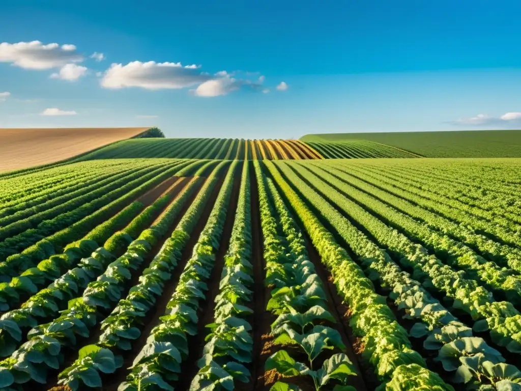 Un campo orgánico sereno y exuberante bañado por la luz dorada del sol