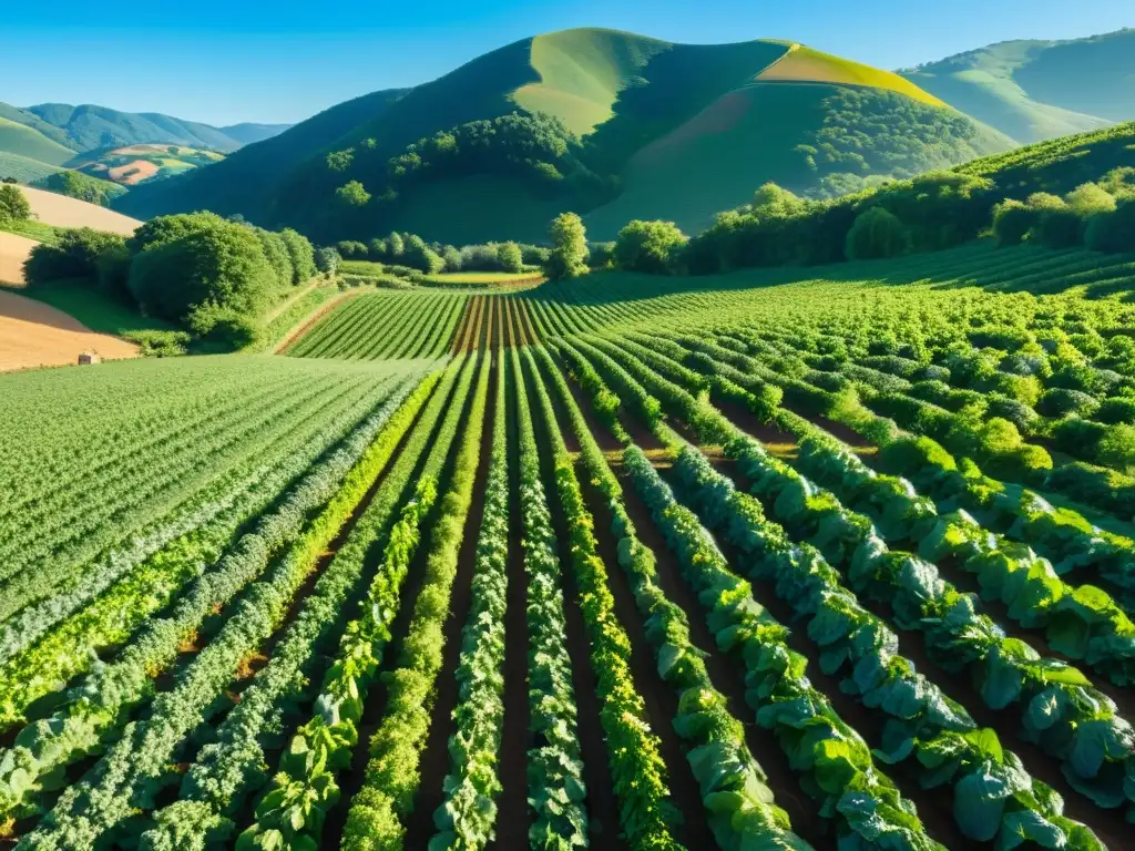 Un campo orgánico sereno y soleado, con hileras de vegetales vibrantes bajo un cielo azul