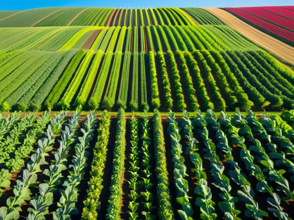 Un campo orgánico tranquilo y vibrante, reflejando la conexión entre alimentos orgánicos y la prevención de enfermedades neurodegenerativas