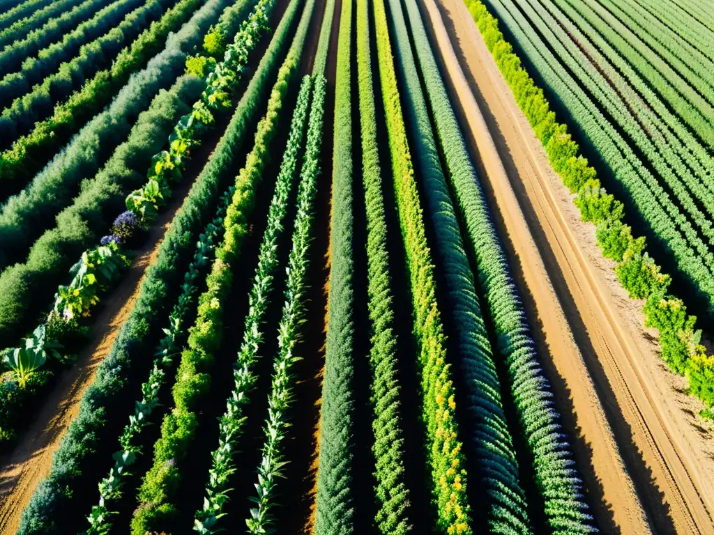 Campo orgánico vibrante con cultivos coloridos bajo cielo azul