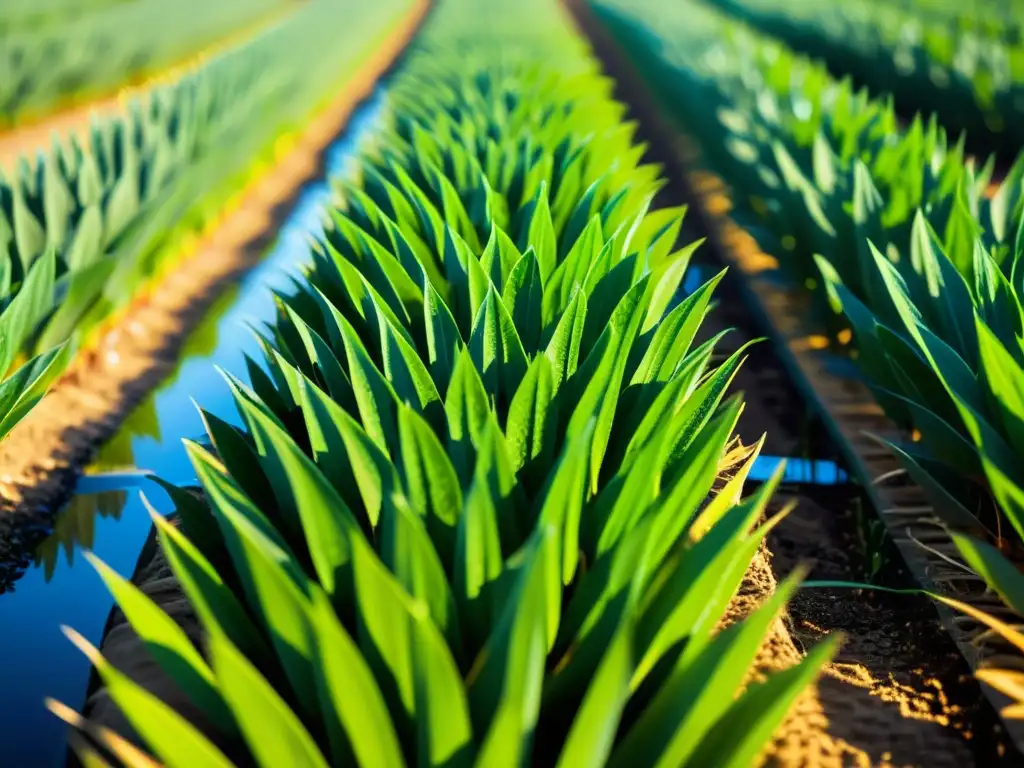 Un campo orgánico vibrante con cultivos ordenados y riego por goteo