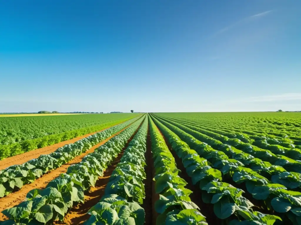 Campo orgánico vibrante con cultivos verdes bajo cielo azul