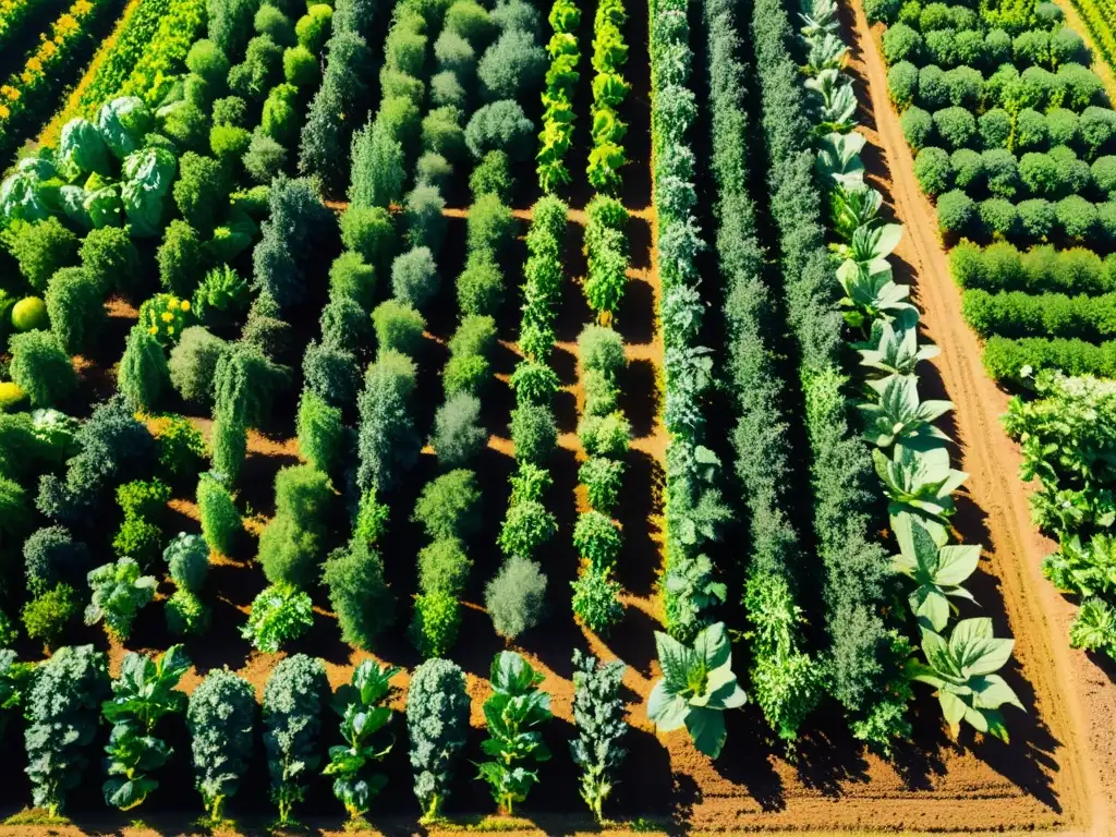 Campo orgánico vibrante con cultivos variados, sol filtrándose entre las hojas