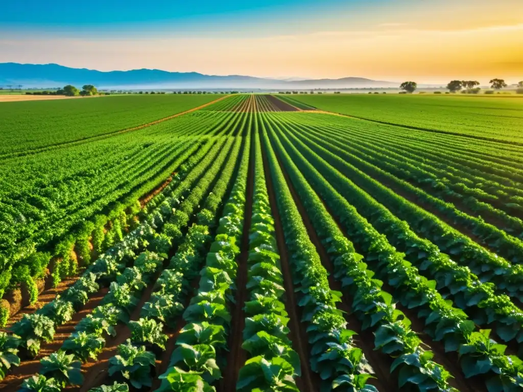 Un campo orgánico vibrante y detallado, con cultivos verdes que se extienden hacia el horizonte bajo el cálido sol