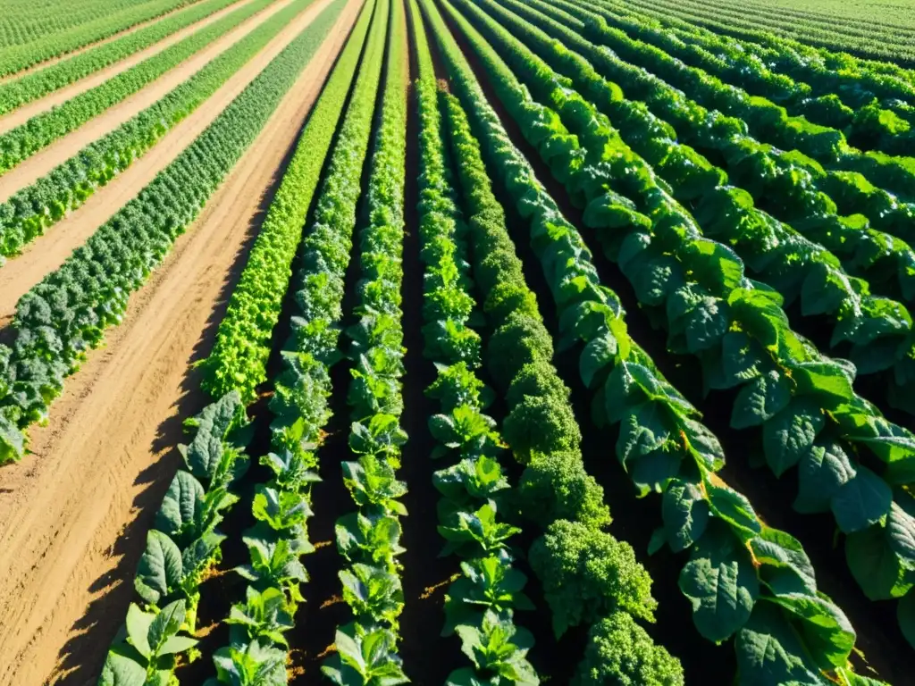 Un campo orgánico vibrante y detallado con cultivos exuberantes, luz solar filtrándose entre las hojas, y un granjero trabajando