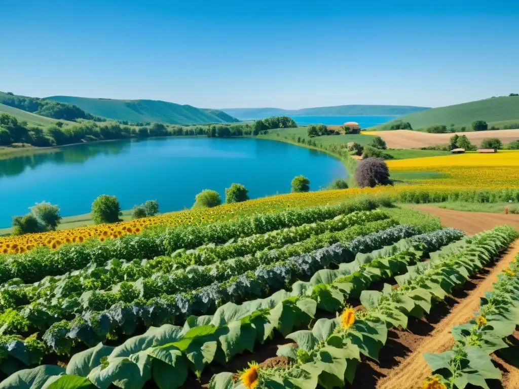 Un campo orgánico vibrante y diverso con frutas y verduras coloridas bajo un cielo azul