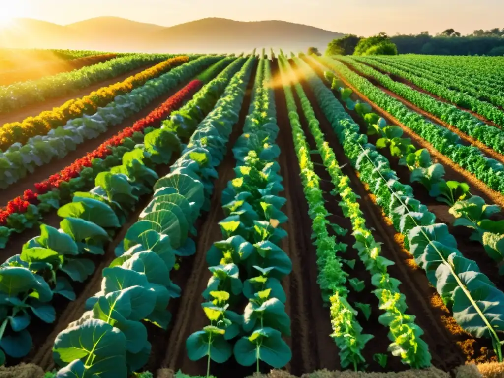 Un campo orgánico vibrante y exuberante con filas de hortalizas y frutas coloridas