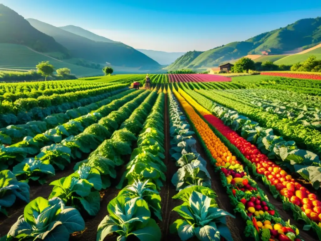 Un campo orgánico vibrante y exuberante, con cultivos coloridos bajo el cielo azul