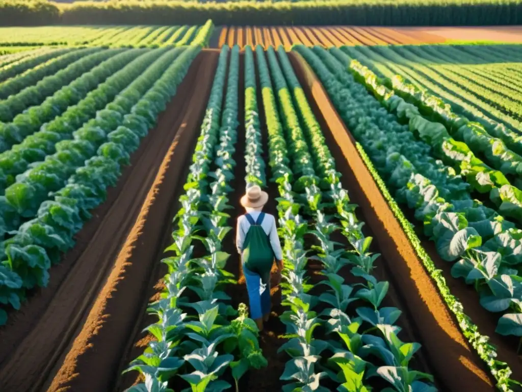 Un campo orgánico vibrante y exuberante con filas de cultivos coloridos bajo el cálido resplandor del sol poniente