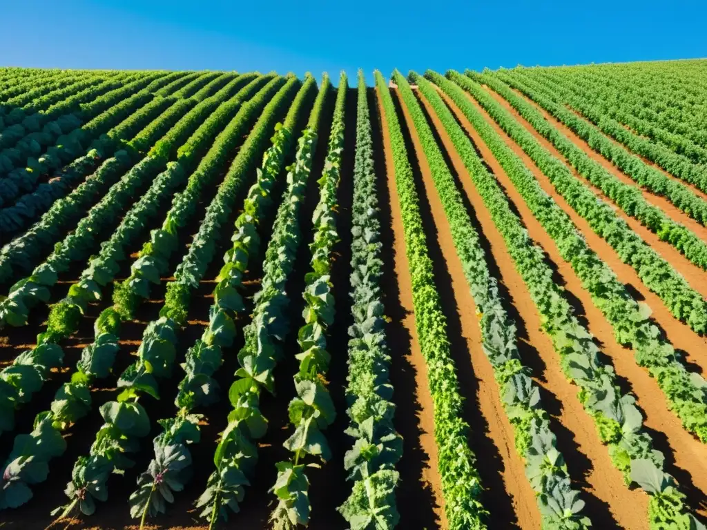 Un campo orgánico vibrante, con filas ordenadas de frutas y verduras, bañado por la luz dorada del sol