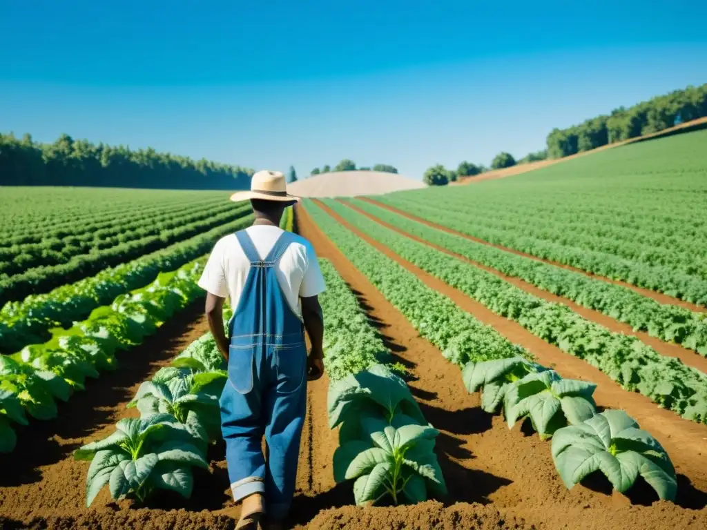 Un campo orgánico vibrante y frondoso con cultivos ordenados, un agricultor cuidadoso y profesionales discutiendo prácticas agrícolas sostenibles