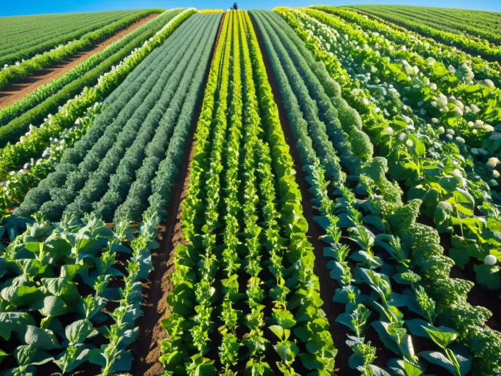 Un campo orgánico vibrante con hileras de vegetales, bajo el sol