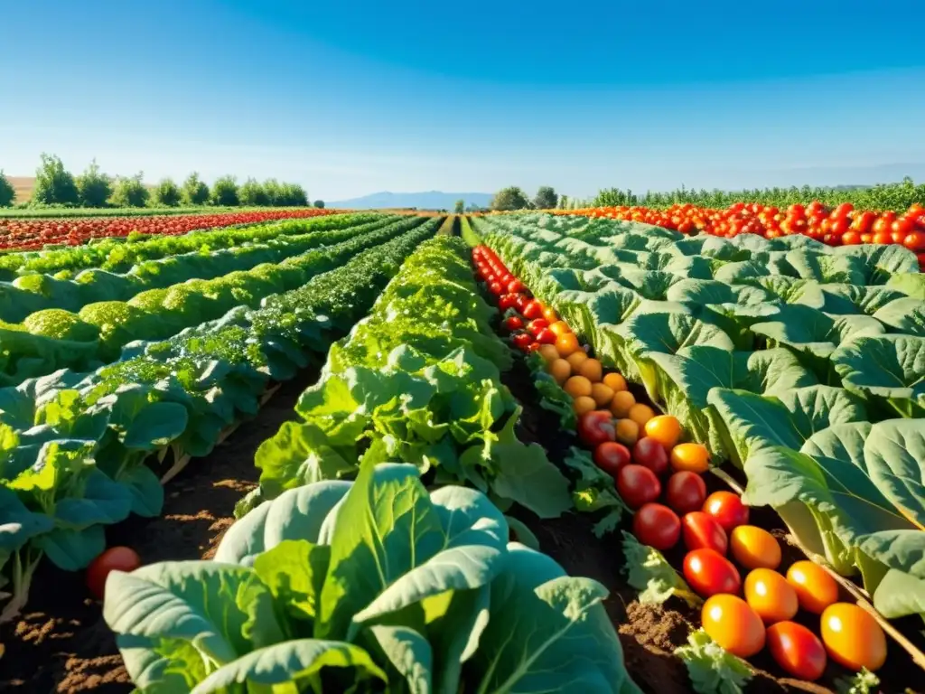 Campo orgánico vibrante con hortalizas, tomates rojos, lechuga fresca y zanahorias en filas