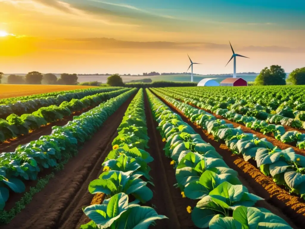 Campo orgánico vibrante, lleno de frutas y verduras, bañado por el cálido sol