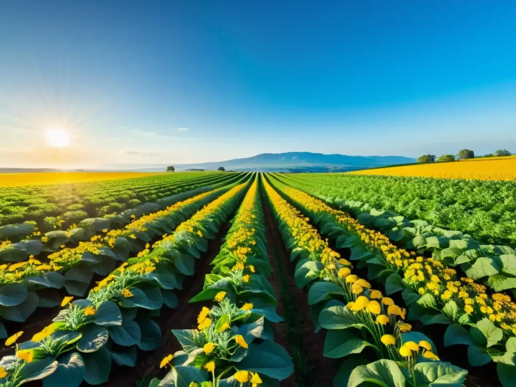 Campo orgánico vibrante, lleno de biodiversidad y armonía ambiental, impacto ambiental agricultura orgánica