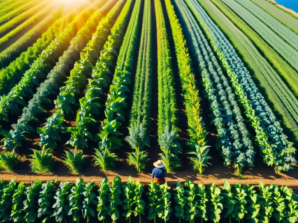 Un campo orgánico vibrante y próspero con filas de plantas verdes bajo el cielo azul