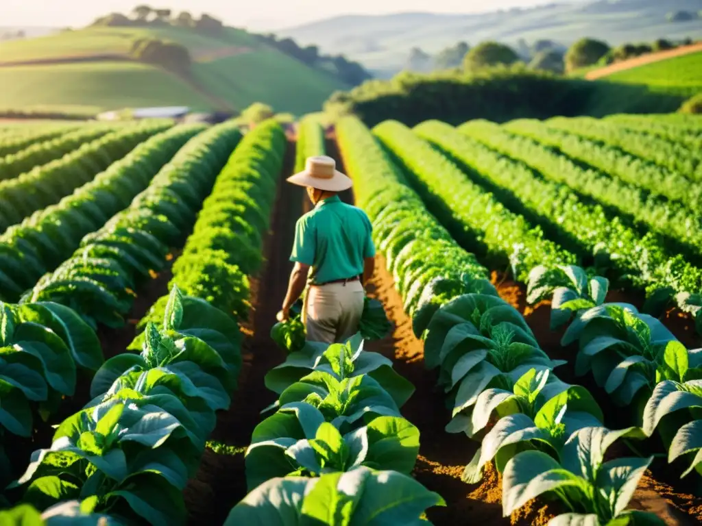 Un campo orgánico vibrante y próspero bañado por la luz dorada, muestra alternativas sostenibles a la agricultura plástica